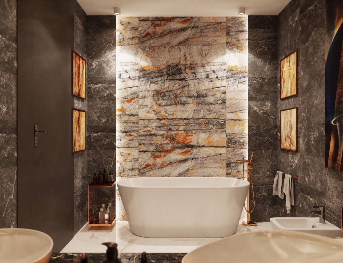 Płytki imitujące kamień w nowoczesnej łazience.